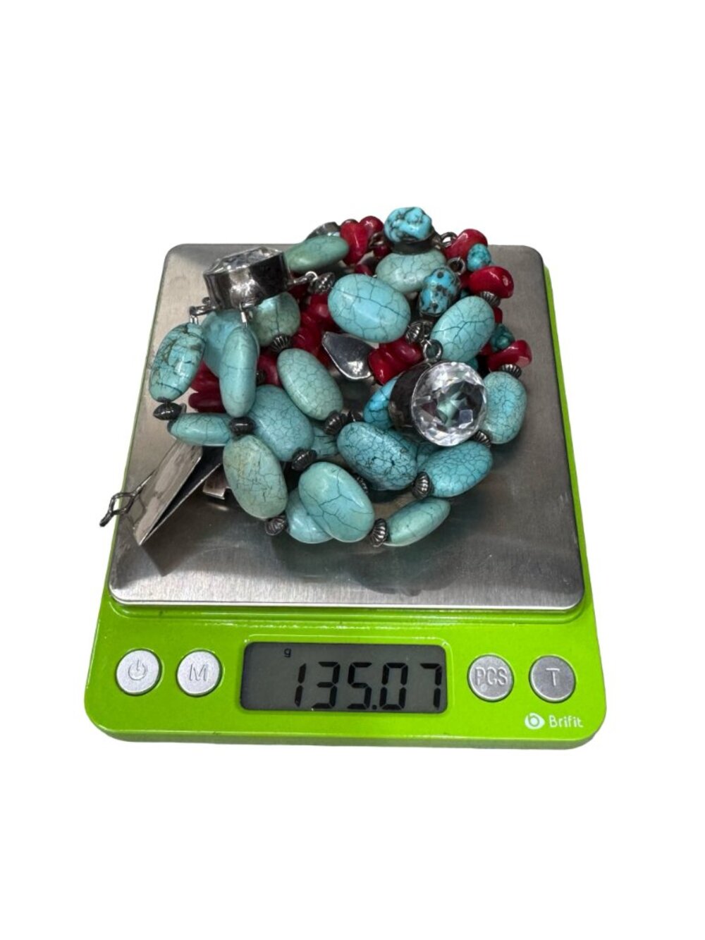 Artisan Turquoise & Red Coral Sterling Silver Necklace Clear Quartz18" 925 READ - Picture 7 of 9